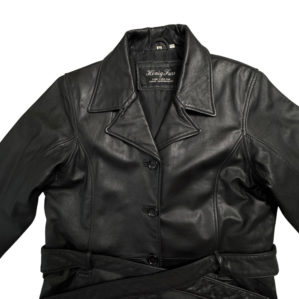 Henig Furs Genuine Leather Belted Trench Coat Womens Size Medium Black - Picture 6 of 14